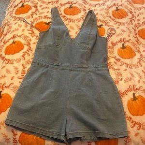 Denim romper, sleeveless back zip up